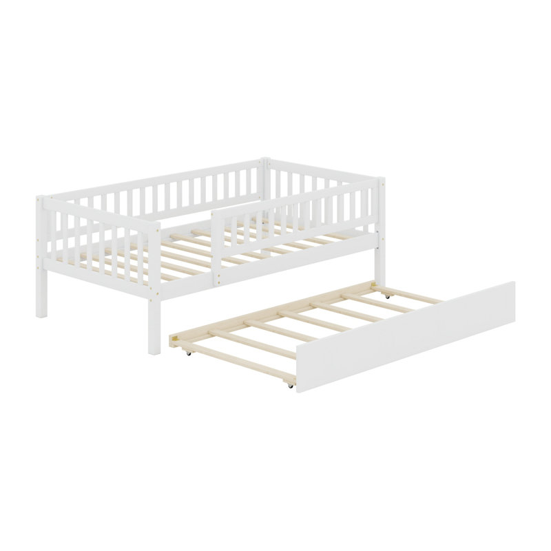 Lit de jour en bois avec couchette et barrière de sécurité, Lit simple, White