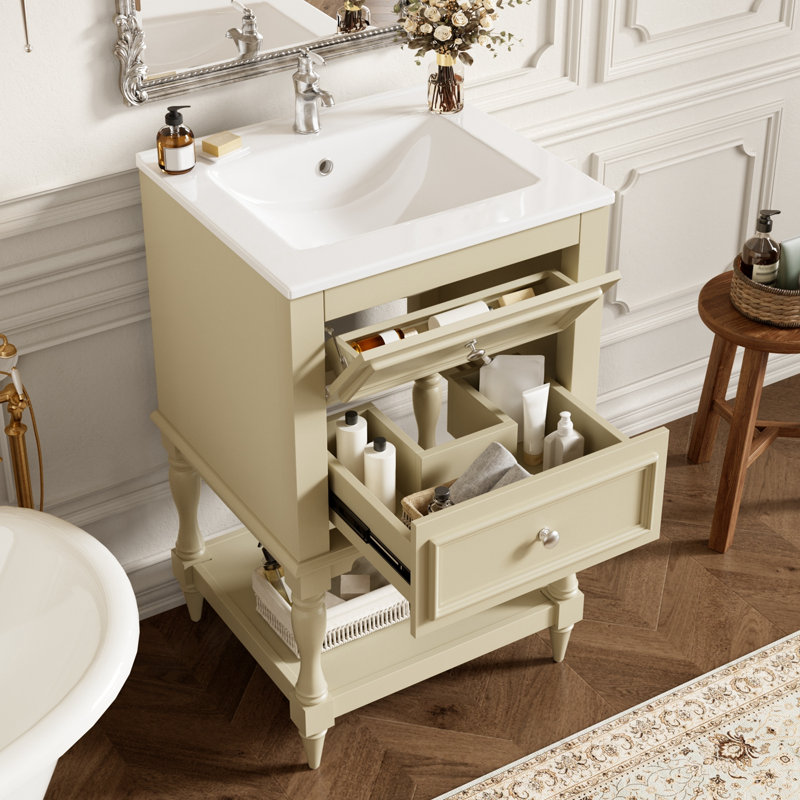 Meuble-lavabo avec lavabo en céramique, tablette ouverte et 2 tiroirs, Beige