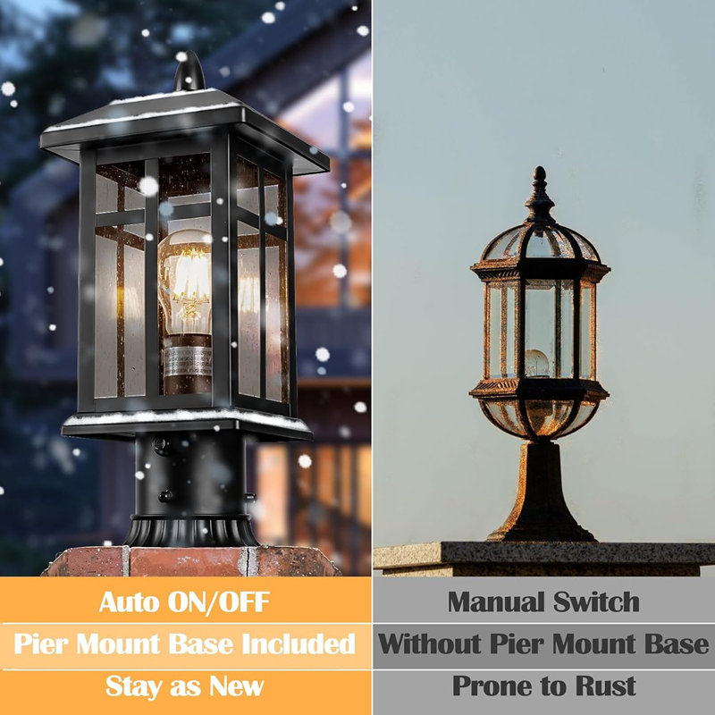 Outdoor Post Light 2 Packs Dusk To Dawn, Post Lights Outdoor Electric With Pier Mount, Pole Lanterns Outdoor For Yard, Driveway, Path, Black