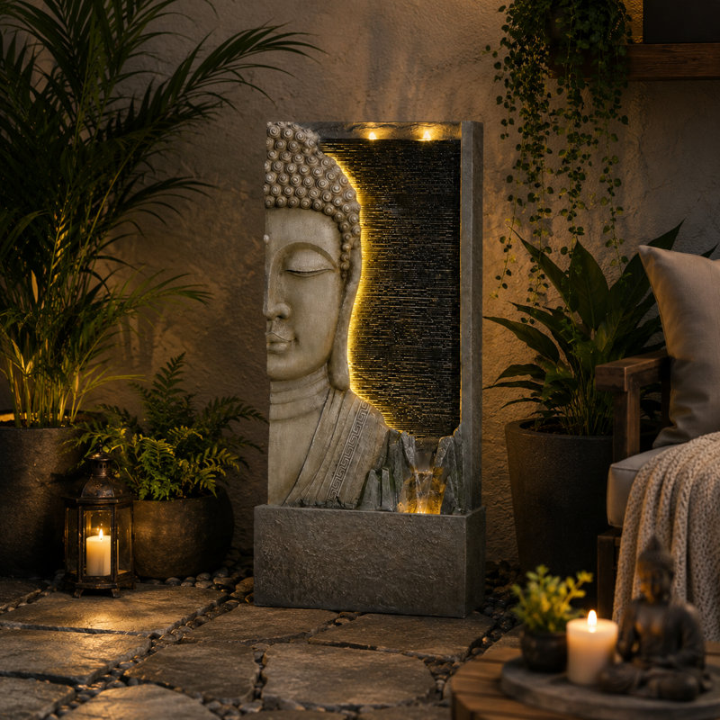Zen Buddha Face Indoor Waterfall Fountain with LED Lights, 47.2" Tall Resin Outdoor Water Feature for Garden Patio Meditation Space Decor