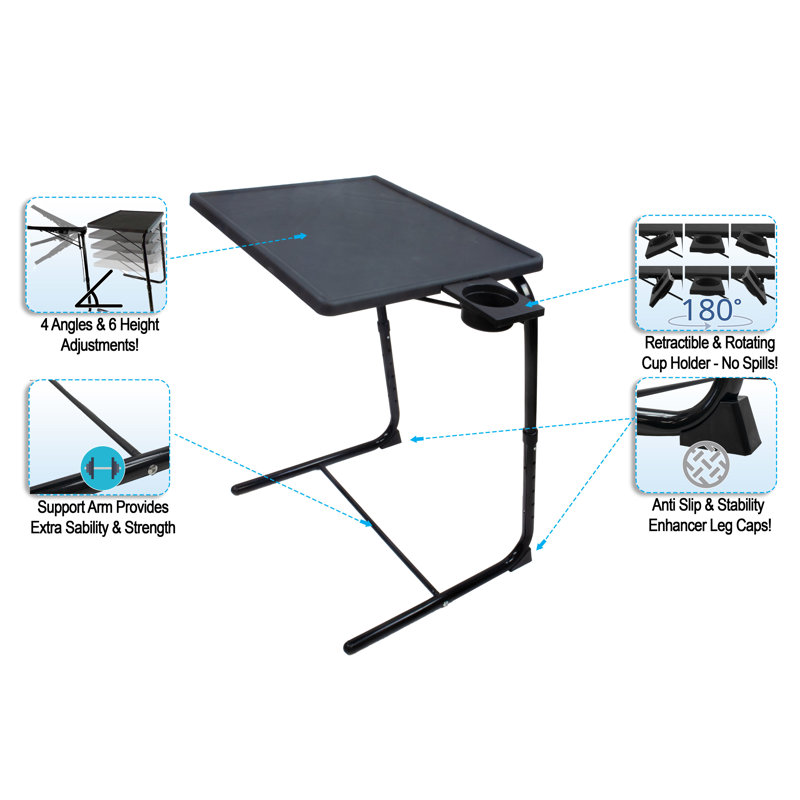 Plateau de table pliable portatif, confortable, support pour table d'ordinateur portable, table à manger, plateau de dessin, plateau réglable, porte-gobelet réglable, stabilité améliorée, brun