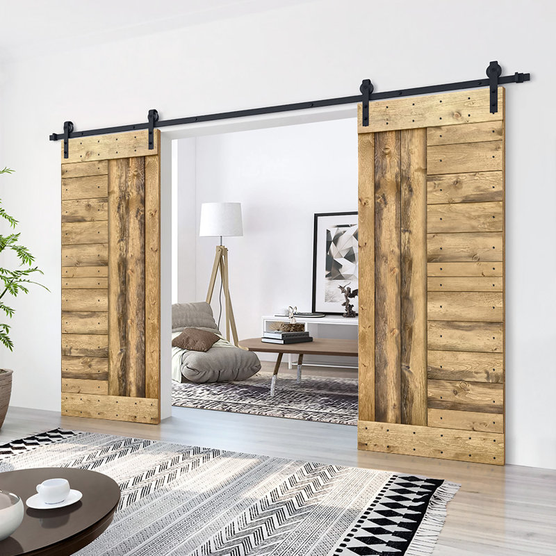 Porte de grange à panneaux et en bois avec quincaillerie d'installation, 76 po x 84 po, Chêne vieilli