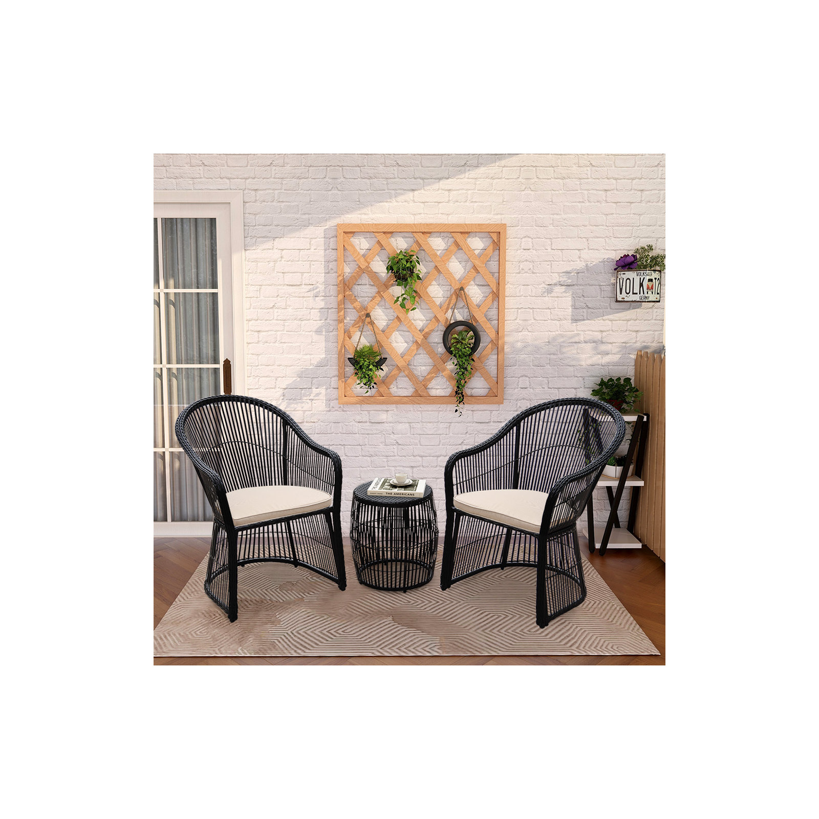 Lustig 3 Piece Rattan Seating Group with Cushions, Black