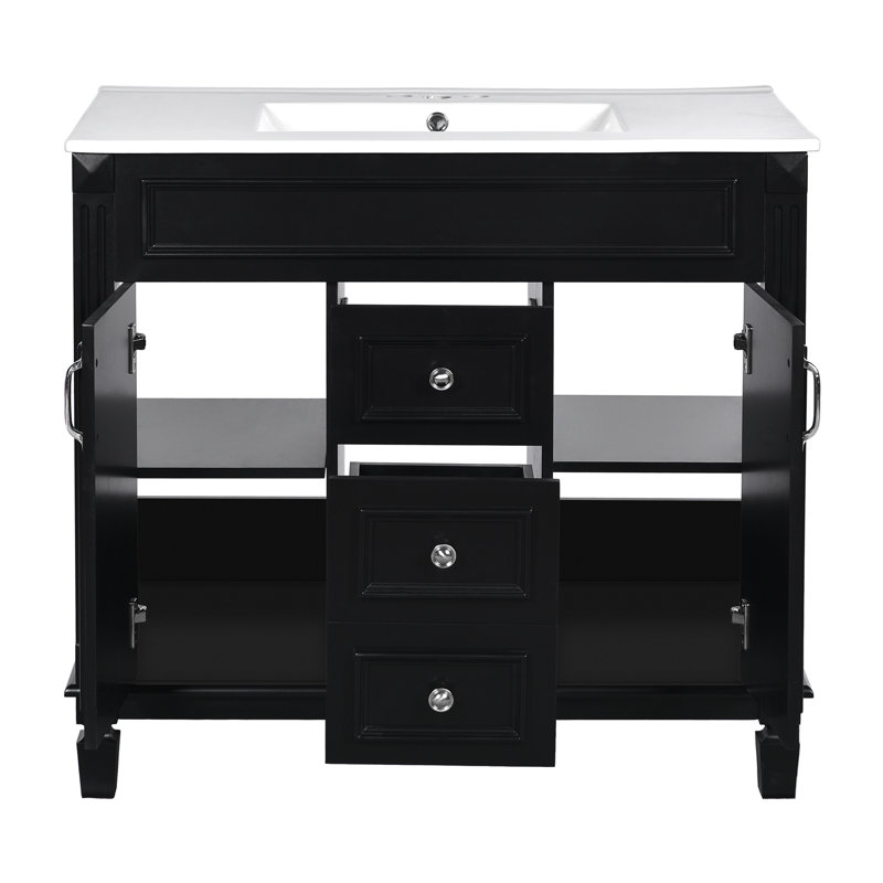 Meuble-lavabo de 36 po avec lavabo supérieur, armoire à miroir noire, armoire de rangement moderne avec 2 portes à fermeture douce et 2 tiroirs, meuble-lavabo simple