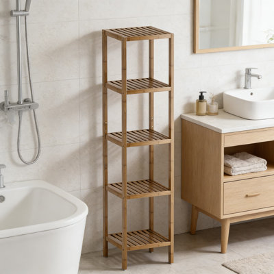 5-Tier Bamboo Storage Shelf Organizer, Multifunctional Shelving Unit For Bathroom, Living Room, Bedroom, And Kitchen, Space-Saving Design With High Weight Capacity