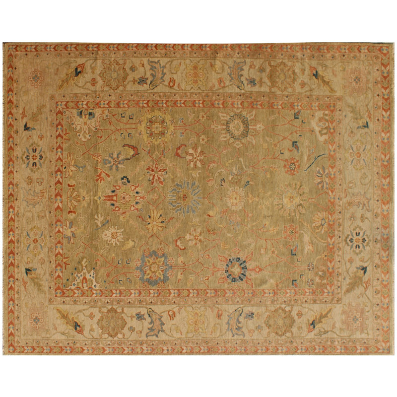 Tapis vert en laine noué à la main beige Oushak - Élégant tapis médaillon persan dans des tons de terre doux