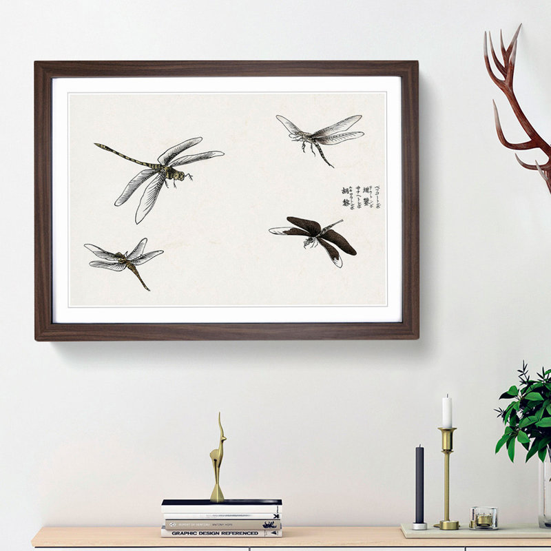 Four Dragonflies by Morimoto Toko - Picture Frame Painting Print, 27cm H x 36cm W x 2cm D, Walnut Framed