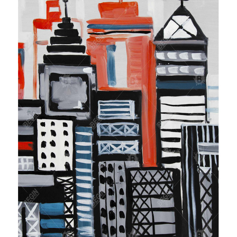 Geometric Urban Landscape King Duvet Cover - Blue & White