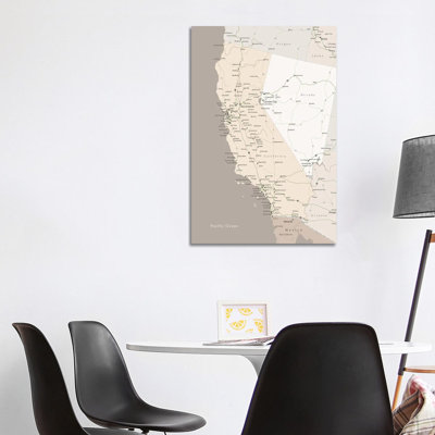 Brown Map Of California With Cities by Blursbyai - Gallery-Wrapped Canvas Giclée on Canvas