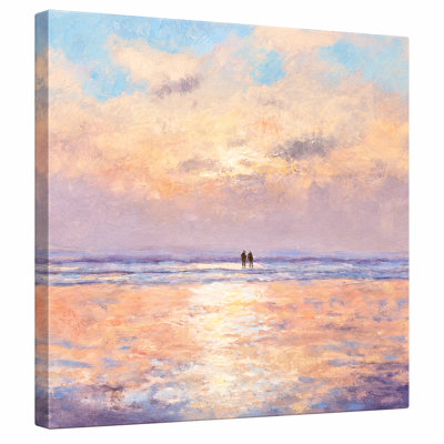Warm Sunset Seascape Square Canvas Wall Art, Peach Blue Ocean Painting