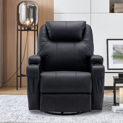 Swivel Rocker Recliner With Massage And Heating Functions, Soft Faux Leather Chair With Remote Control And Two Cup Holders, Suitable For Living Room -  Latitude Run®, AC2584E36D8C452CA4CBB0DC510A137D