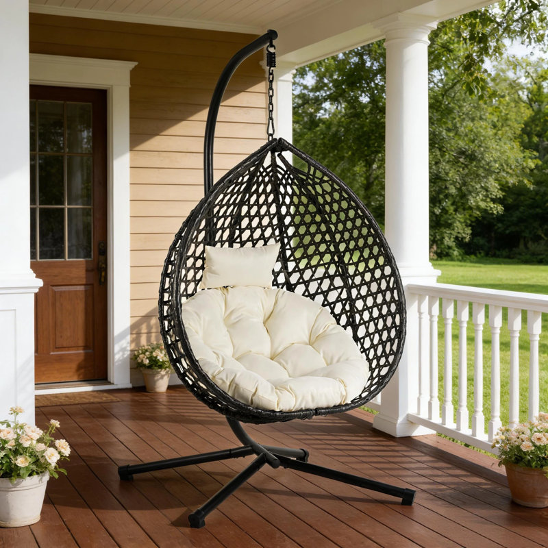 Fauteuil à œufs suspendu avec support, balancelle intérieure en osier avec coussin pour la terrasse du balcon, Noir, Beige