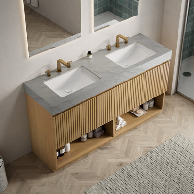 FINO 60 Bathroom Vanity&Sink,Freestanding Cabinet,Carrara Grey Vein Sintered Stone Top&Ceramic Basin with 8'' widspread 3 Holes,Disassembled, Faucet & Drain Excluded, Corolla Oak Woodgrain Color