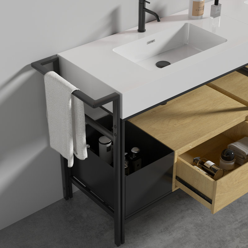 Meuble-lavabo 72 po avec lavabo en pierre artificielle, tiroirs et barre à serviettes ajustable Tharp, Blanc