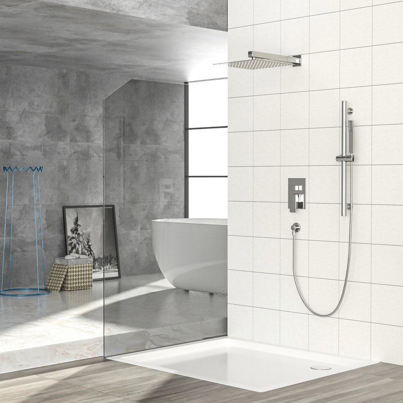 12 Inch Square Shower In Brushed Nickel - Adjustable Slide Bar, -balanced Valve, Rainfall & Handheld Valve Unit