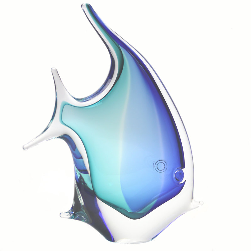 Murano Glass Design Tropical Fish, 10" H x 9.5" W x 2.5" D, Aqua/Blue