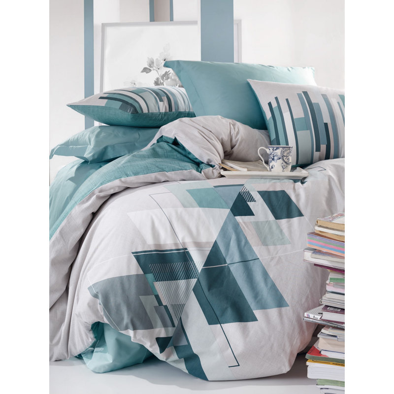 Ensemble de housse de courtepointe 100% coton Ranforce, vert pétrole et blanc | Housse de couette 63 x 87, drap plat 63 x 94, taie d'oreiller 20 x 28 | Lavable à la machine, impression de pigments, fermeture à boutons, conception douce et durable