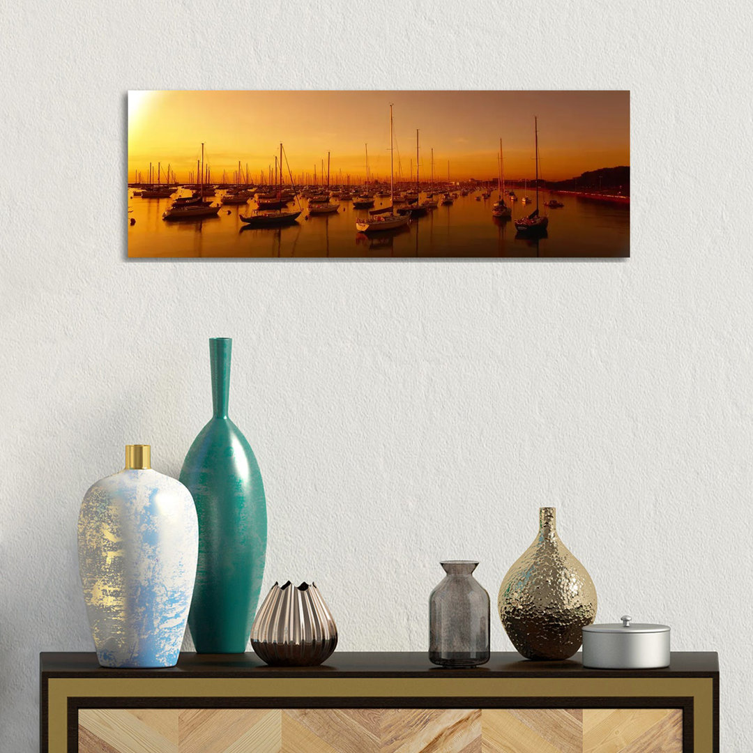 Boats Moored At A Harbor At Dusk, Chicago River, Chicago - Wrapped Canvas Panoramic Print
