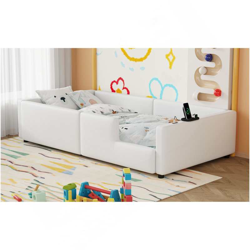 Lit simple avec garde-corps et station de charge, blanc