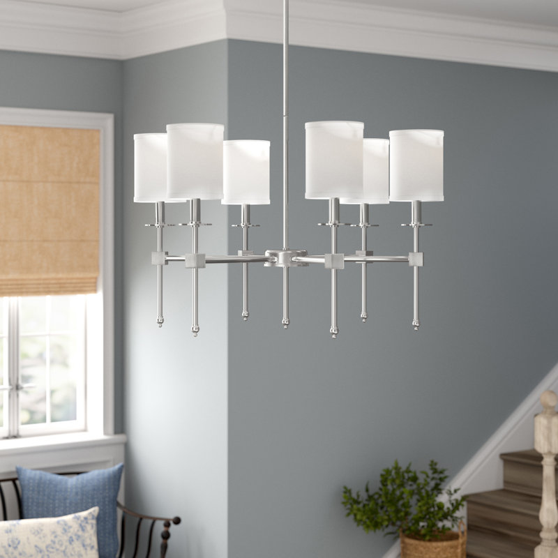 Lustre classique 6 lumières à abat-jour Tatianna, Nickel satiné