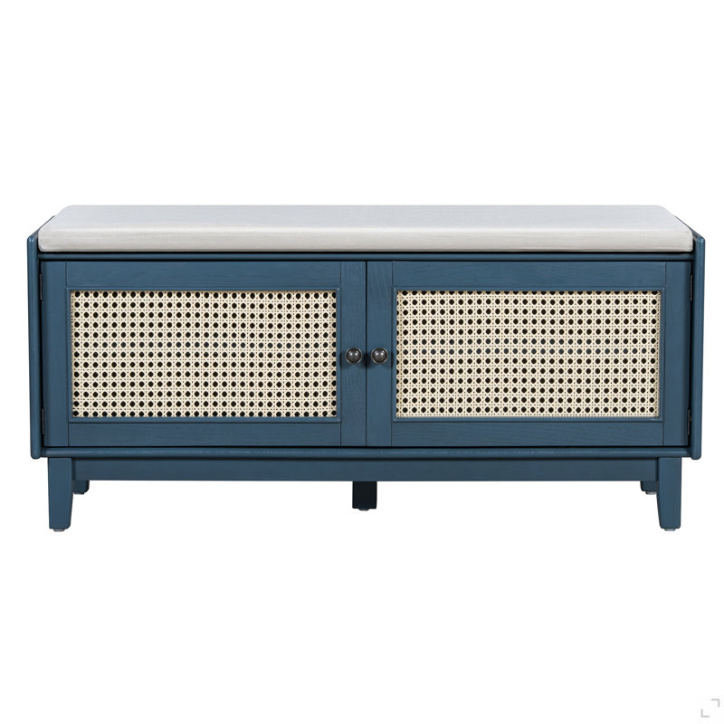 Boho Rattan Entryway Bench With Storage, Cushioned Shoe Bench With Double Doors, Wooden Shoe Organizer Bench For Entryway And Hallway