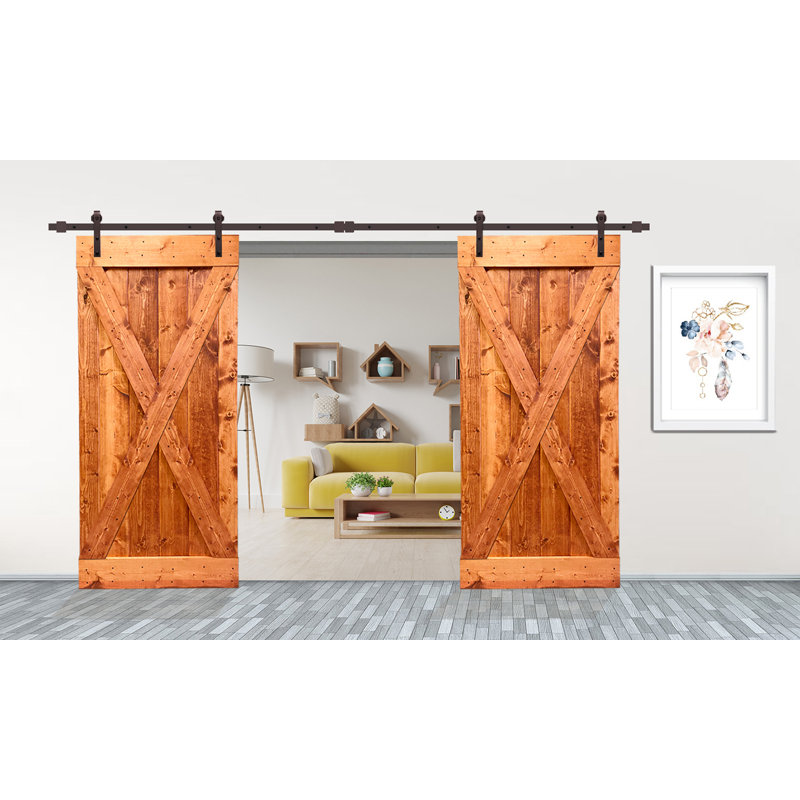 76 in x 84 in Red Walnut Knotty Pine Double Sliding Barn Door