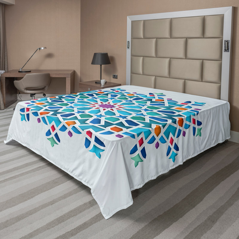 Ambesonne Orient Top Flat Sheet Mosaic Motifs, Queen Flat Sheet, Multicolor Geometric