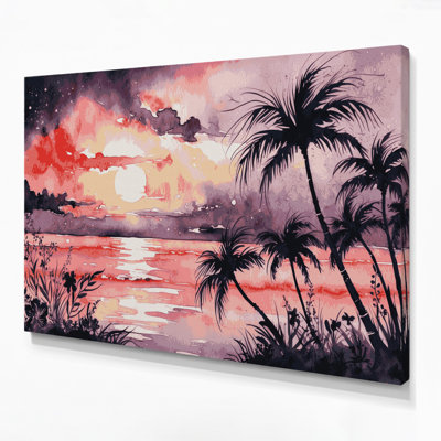 Coucher de soleil hawaïen, art mural sur toile rose