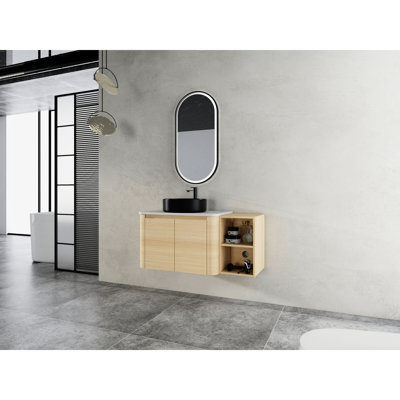 Meuble-lavabo mural de 42 po avec 2 portes à fermeture douce, lavabo d'art en céramique et eau idéal pour les salles de bain humides