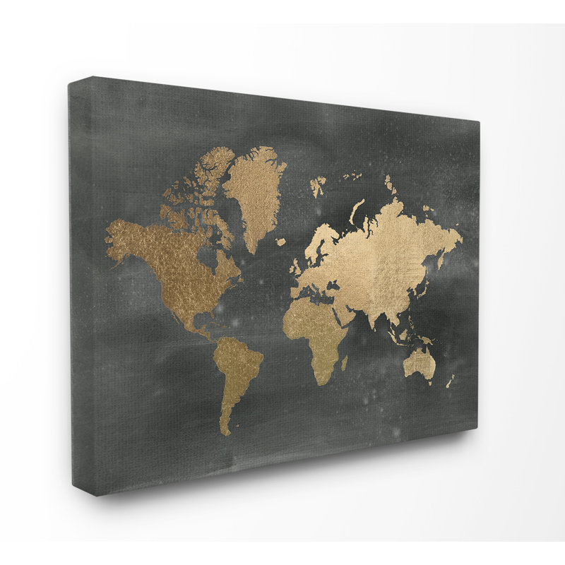 «Black and Gold World Map Stretched», reproduction d'impression, H 16 po x l 20 po, Toile tendue