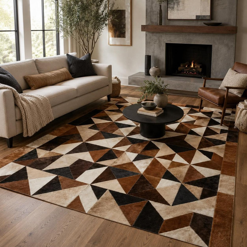 Tapis géométrique en cuir de vache à motif géométrique et cuir ivoire brun, 9 x 12 pi