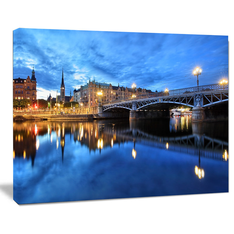 Illuminated Blue Stockholm Cityscape Photographic Print on Wrapped Canvas, 30" H x 40" W x 1" D