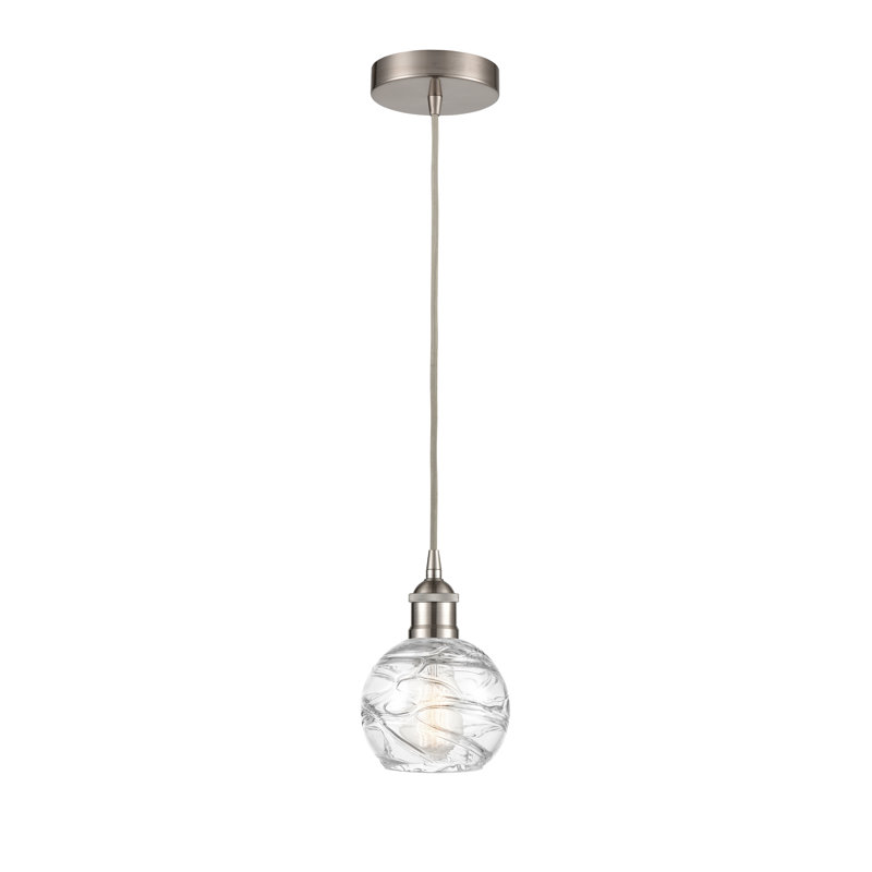 1 - Light Single Globle Pendant, 8.75" H x 6" W x 6" D, Brushed Satin Nickel, Clear