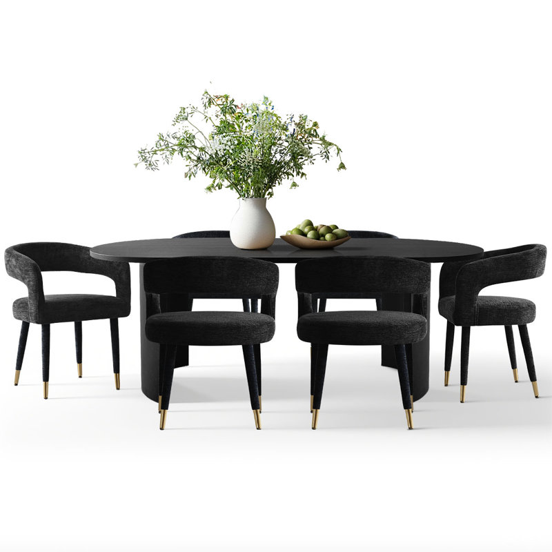 7-Piece Modern Dining Set with 79" Oval Table and Upholstered Chairs, Black