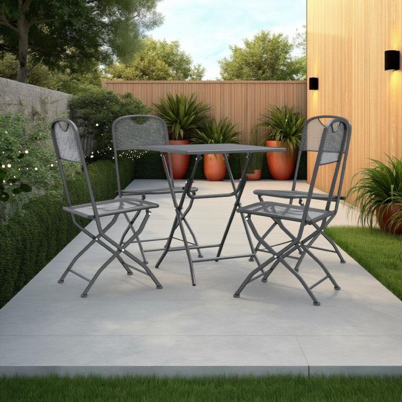 5Pc Garden Patio Chair And Table Set, Dark Grey Foldable Mesh Metal