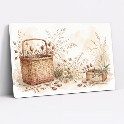 Woven Basket With Dried Flowers And Daisies Watercolor Art Canvas Wall Art