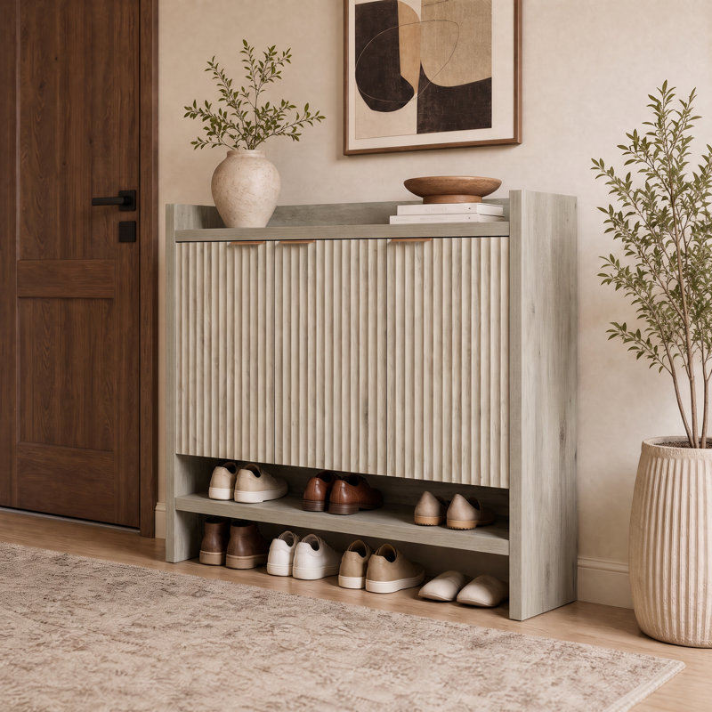 Nicolee 30 Pair Shoe Storage Cabinet, Greige Oak