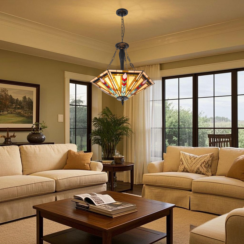 21.65-inch Hexagonal Tiffany-style Stained Glass Chandelier - Adjustable Length / E26 Base / Wall Switch