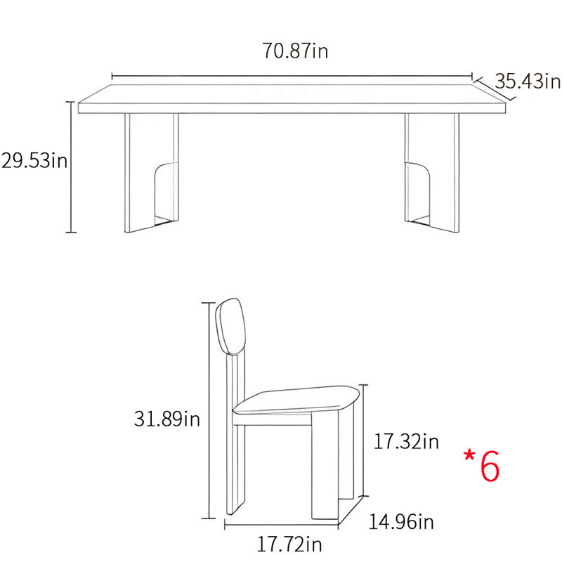Ensemble de table de salle à manger rectangulaire de style français, H 29,53 po x L 70,87 po x l 35,43 po