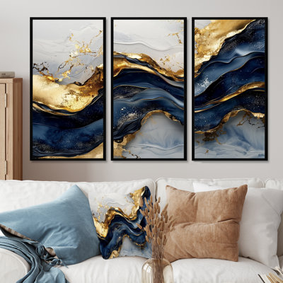 «Aqua River Of Nero Marquina», art mural en marbre - ensemble de 3
