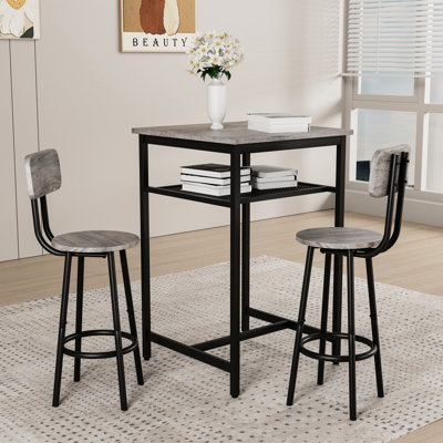 Table de bar de 3 po en gris, avec 2 tabourets avec surface et structure en fer, idéale pour les réunions de famille.