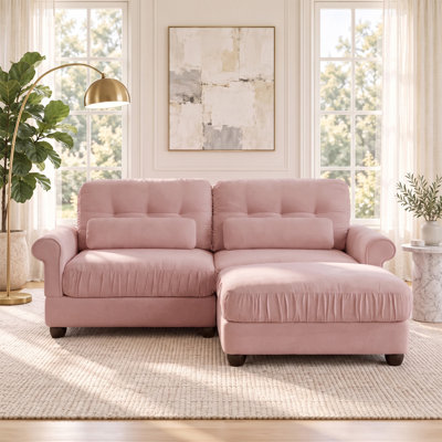 Canapé 2 places en chenille de 176 cm avec pouf assorti, bords d'assise froncés, accoudoirs arrondis et coussins lombaires, coussins fermes et moelleux, causeuse rembourrée avec repose-pieds de 82 cm pour salon et chambre