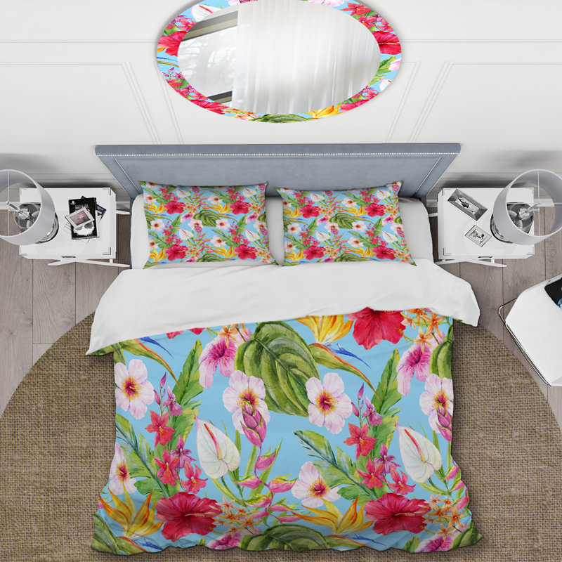 Ensemble de housse de couette Green Green Leaf and Flower - Cabin & Lodge, Housse de couette pour grand lit et 2 taies décor
