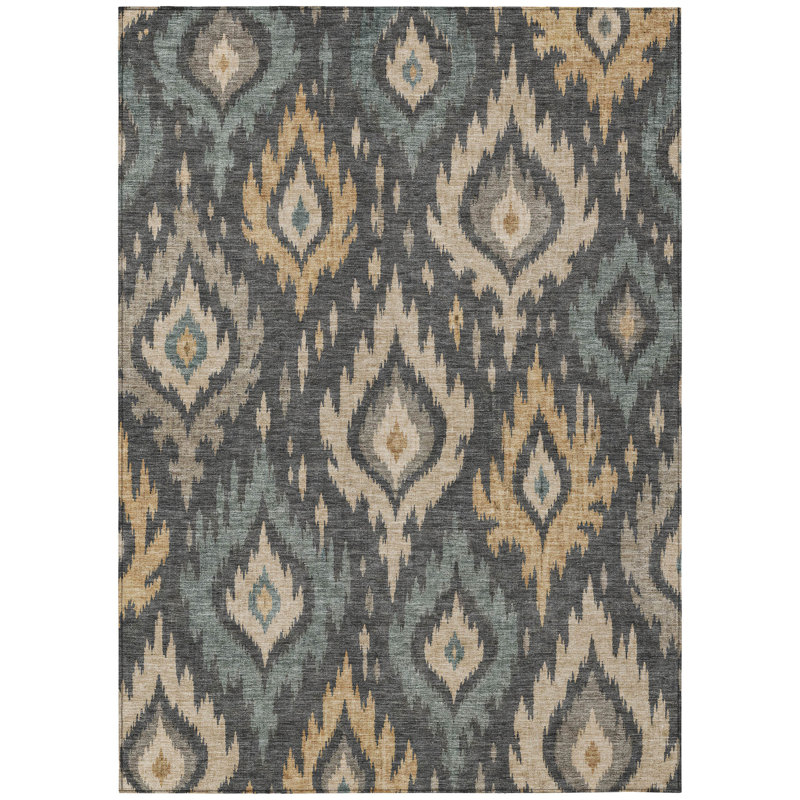 Tapis Chantille ACN3073 Ikat lavable à la machine pour intérieur/extérieur, Gris anthracite, 3 pi x 5 pi