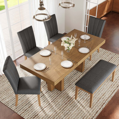 Farmhouse Extendable Solid Wood Dining Table Set with Bench and Upholstered Chairs