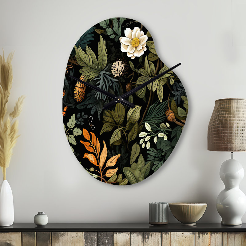 Rustic Wilderness Cottage Charm - horloge métallique asymétrique florale, imprimé horloge métallique de forme unique verte