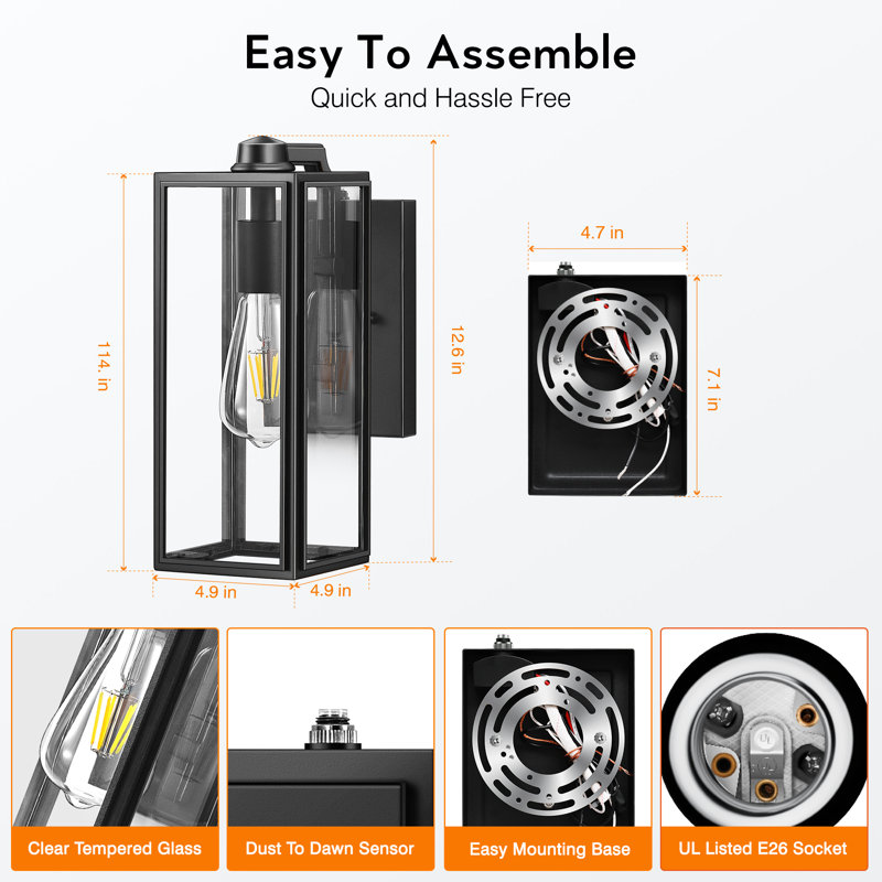 Dusk to Dawn Black Outdoor Wall Lanterns with Tempered Glass Shade for Garage, 1