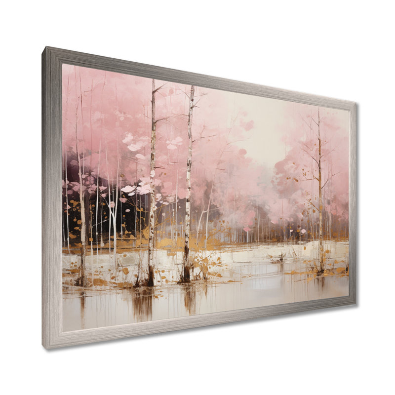 «Minimalisme rose et forêt dorée I», art sur toile, H 34 po x l 44 po x P 1,5 po, Cadre simple argenté