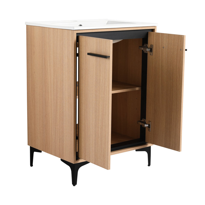 Meuble de salle de bain 61 cm (24 pouces), lavabo et rangement, bois d'ingénierie, finition résistante, manuel de montage facile, style américain, couleur chêne brillant, instructions, déclaration, brillance