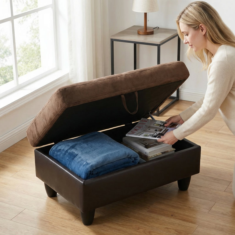 Brown Storage Ottoman | Flannel & Faux Leather | X-Stitching | Solid Wood